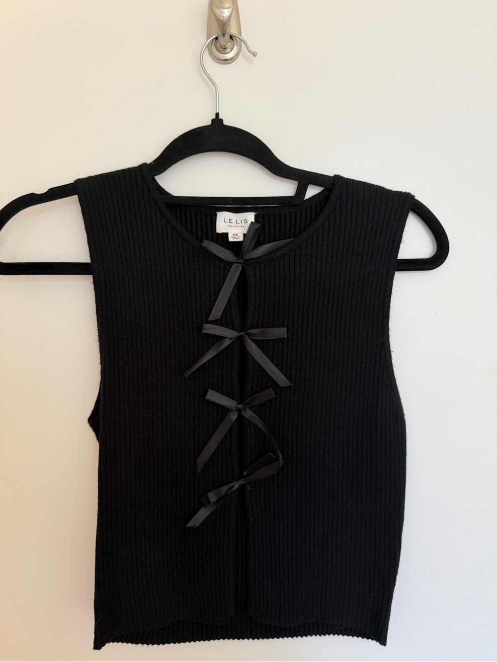 Le Lis Black Ribbed Sleeveless Crop Top with Front Ribbon Ties